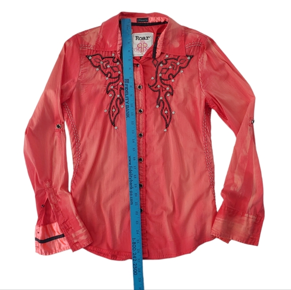 ROAR Western Button Down Shirt Embellished Distressed Coral Women's Med - Picture 10 of 12